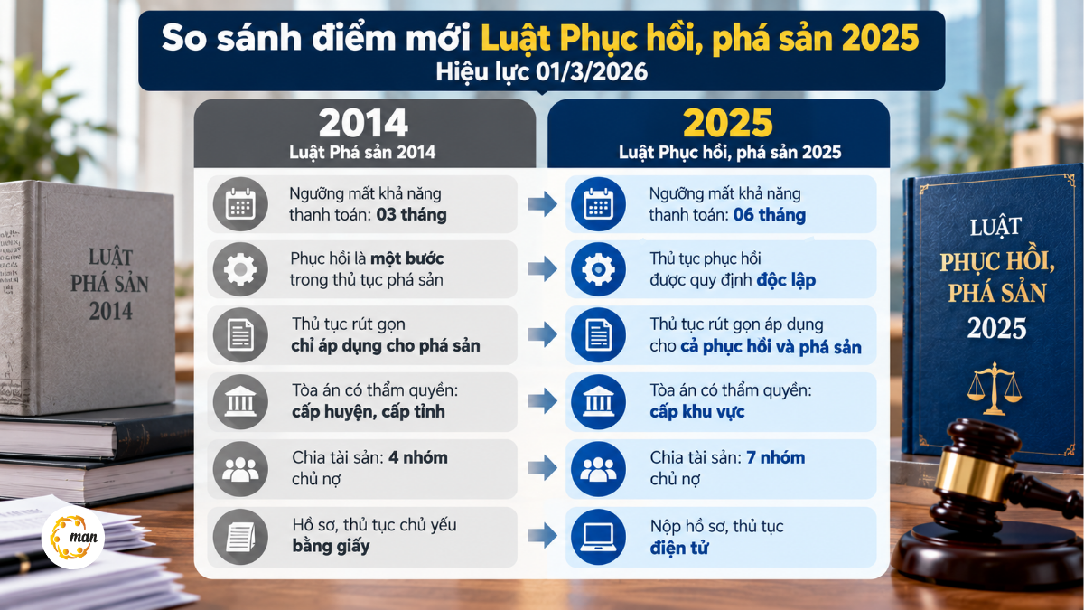 So sánh Luật Phá sản 2014 và Luật Phục hồi phá sản 2025 theo 12 tiêu chí