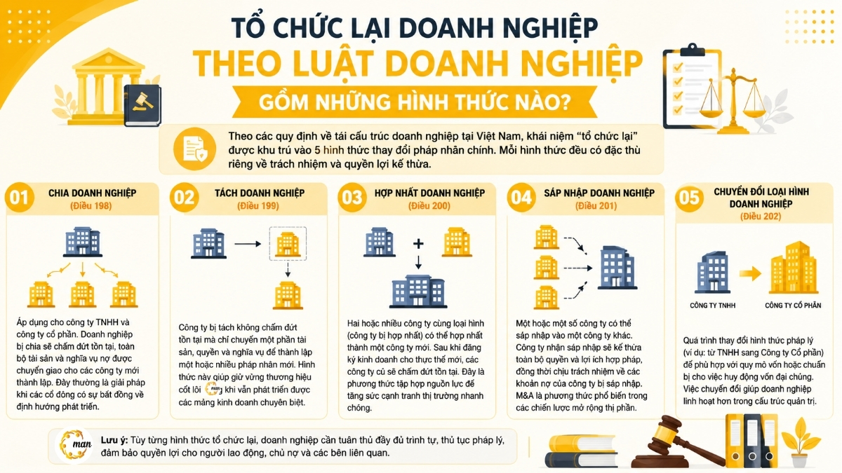Tổ chức lại doanh nghiệp theo Luật Doanh nghiệp gồm những hình thức nào