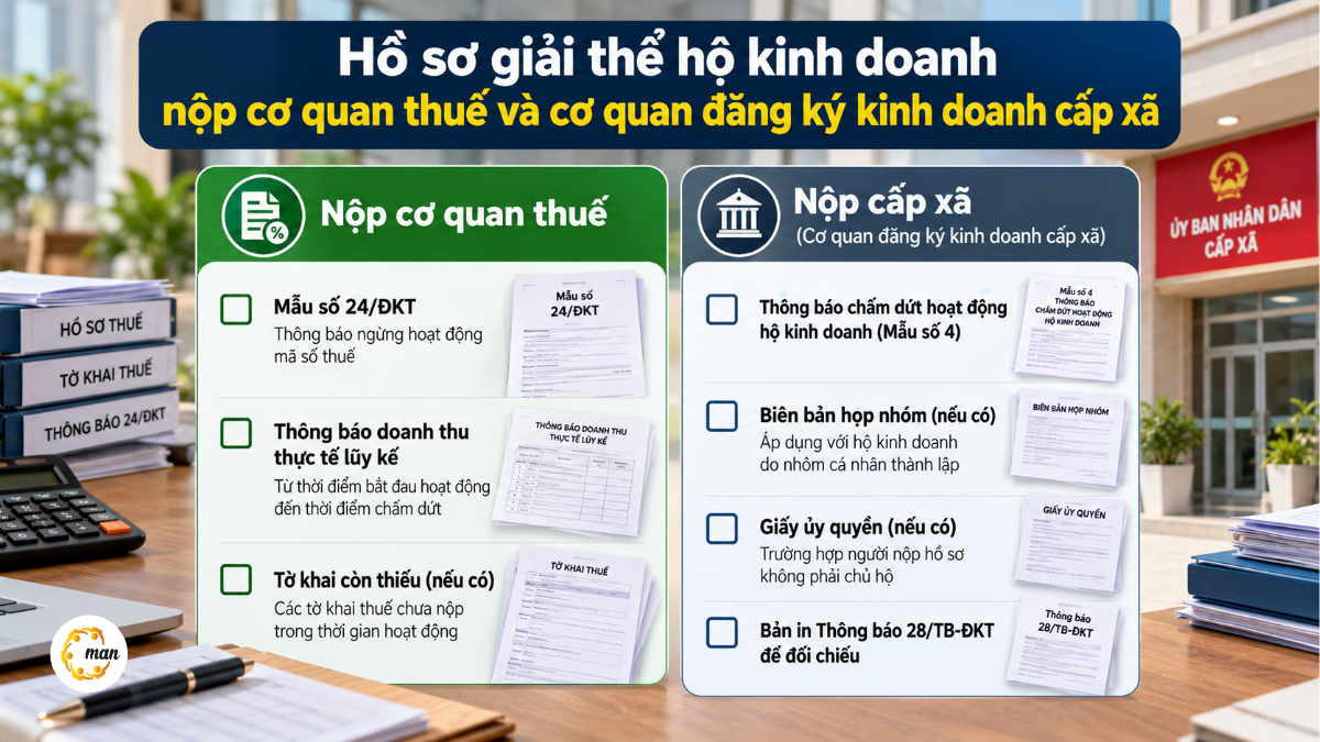Hồ sơ giải thể hộ kinh doanh nộp cơ quan thuế và cơ quan đăng ký kinh doanh cấp xã
