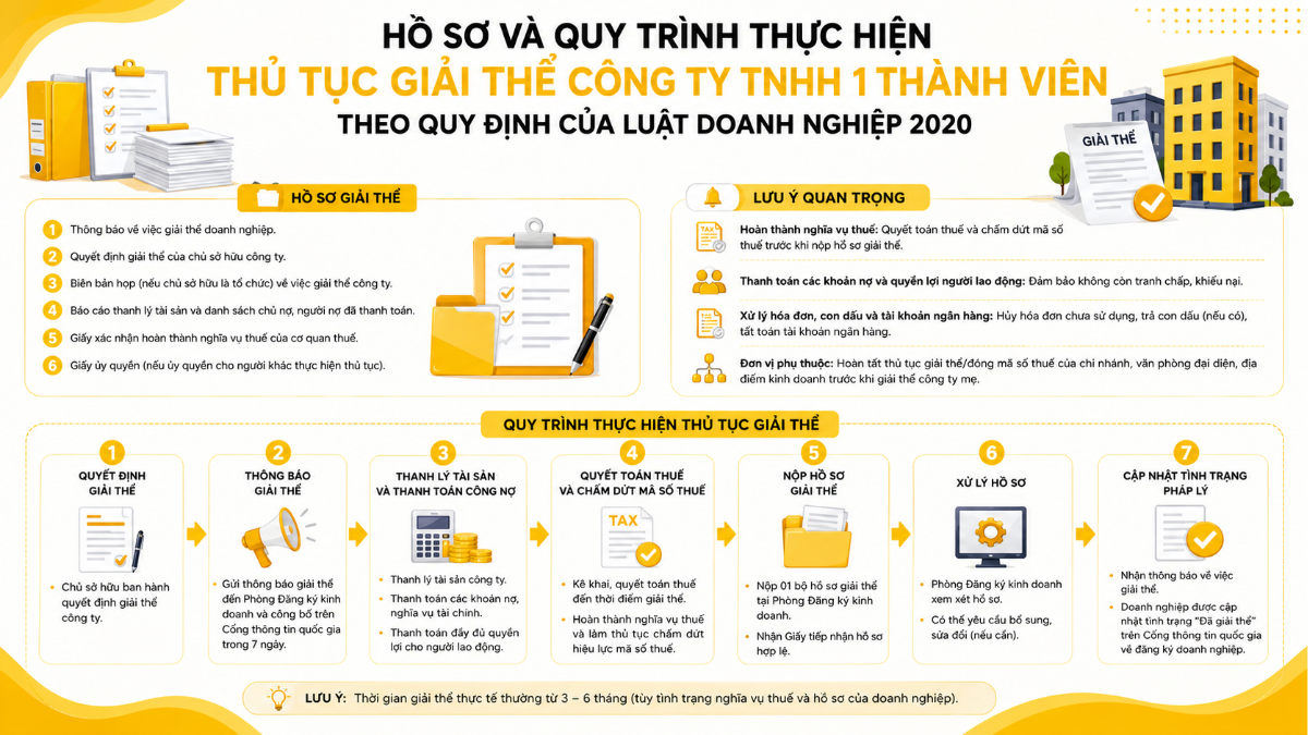 Hồ sơ và quy trình thực hiện thủ tục giải thể công ty TNHH 1 thành viên theo quy định của Luật Doanh nghiệp 2020
