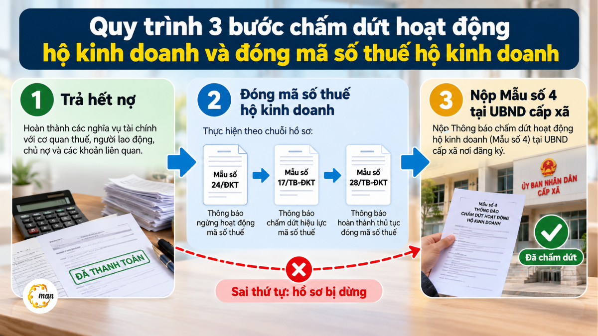 Quy trình 3 bước chấm dứt hoạt động hộ kinh doanh và đóng mã số thuế hộ kinh doanh