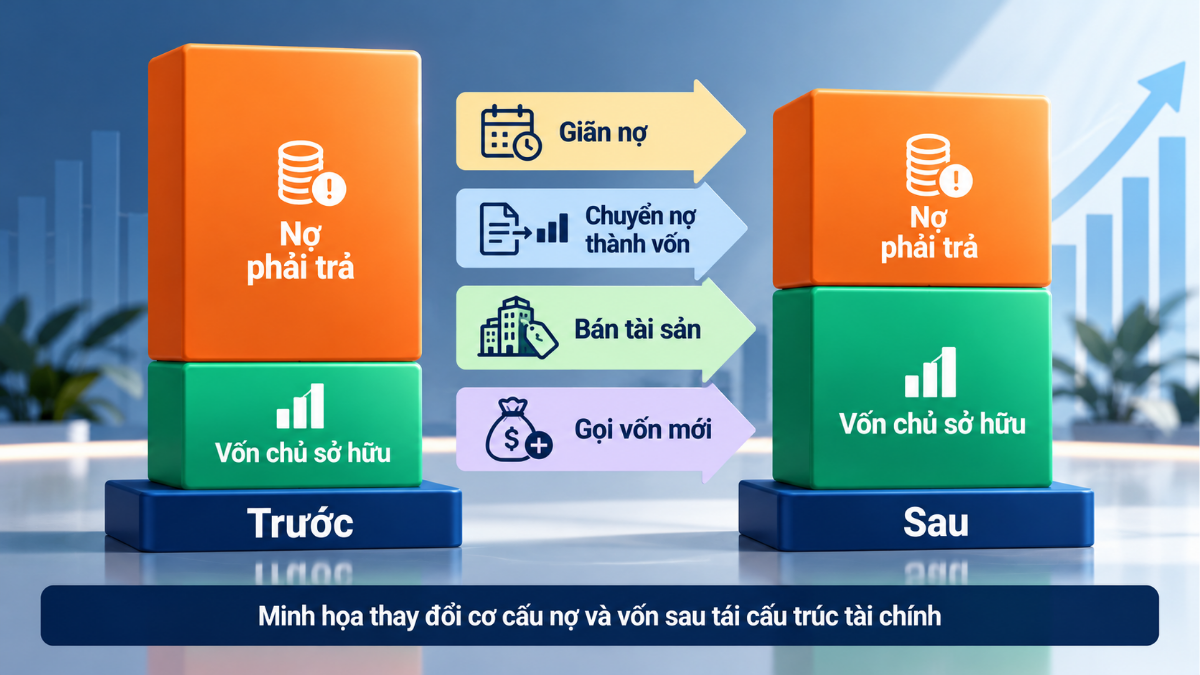 Bảng cân đối kế toán trước và sau tái cấu trúc tài chính với nợ phải trả giảm và vốn chủ sở hữu tăng