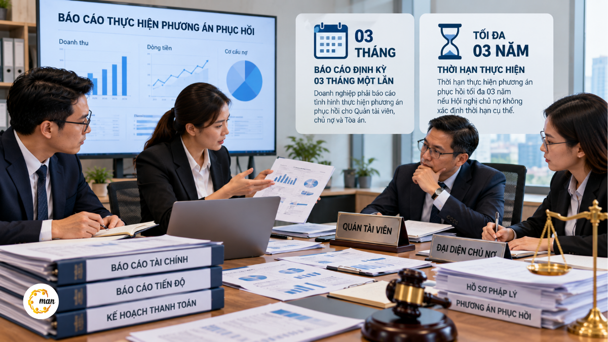 Giám sát thực hiện phương án phục hồi và báo cáo định kỳ theo Luật Phục hồi, phá sản 2025