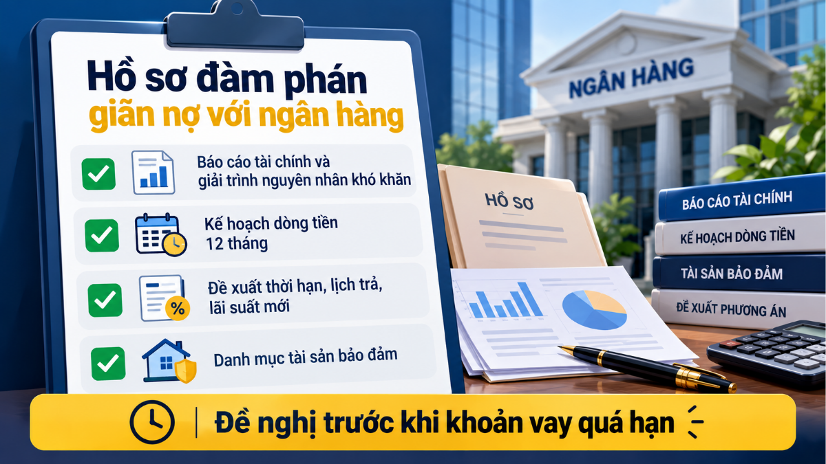 Hồ sơ chuẩn bị đàm phán với ngân hàng khi tái cơ cấu nợ gồm báo cáo tài chính, dòng tiền và phương án trả nợ