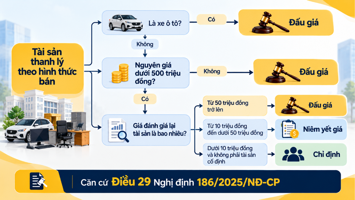Sơ đồ chọn phương thức bán thanh lý tài sản công theo Điều 31 Nghị định 186/2025