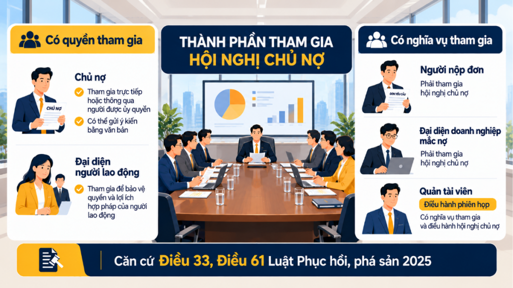 Thành phần tham gia hội nghị chủ nợ gồm chủ nợ, người lao động và Quản tài viên